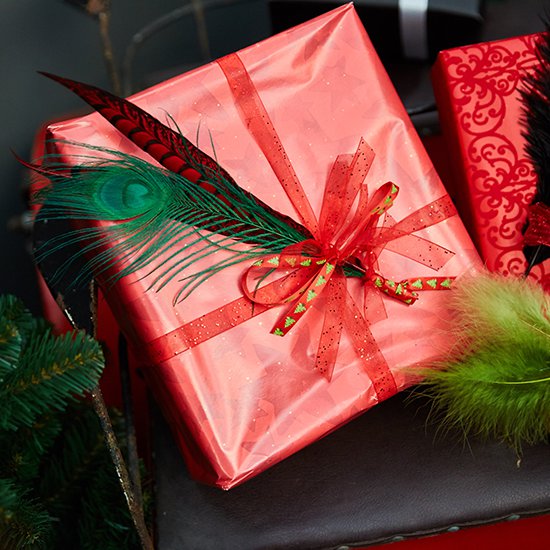 Presents in Santa's sleigh, nicely decorated with feathers of course!